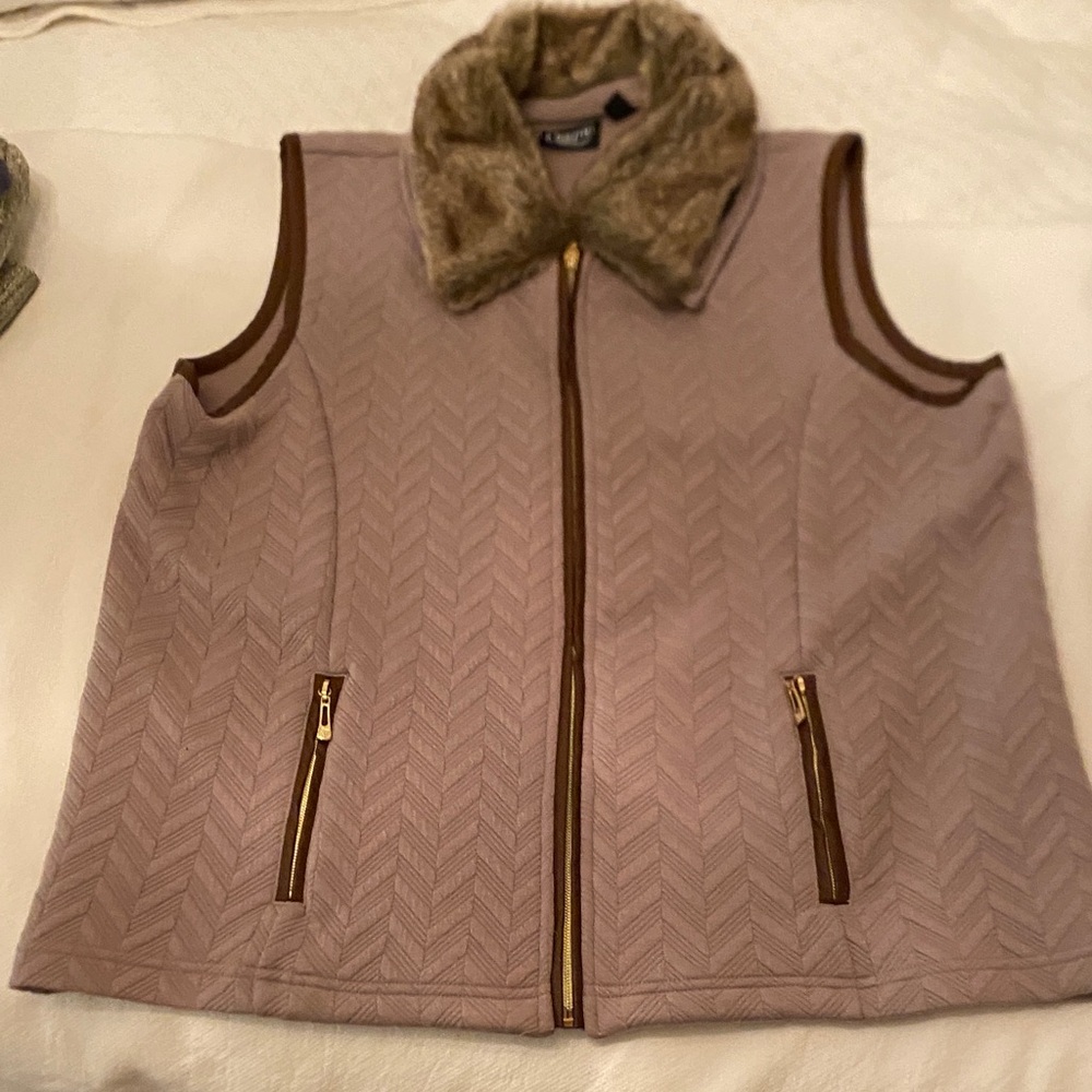 Dark taupe color Vest with Faux Fur Collar and faux leather trim